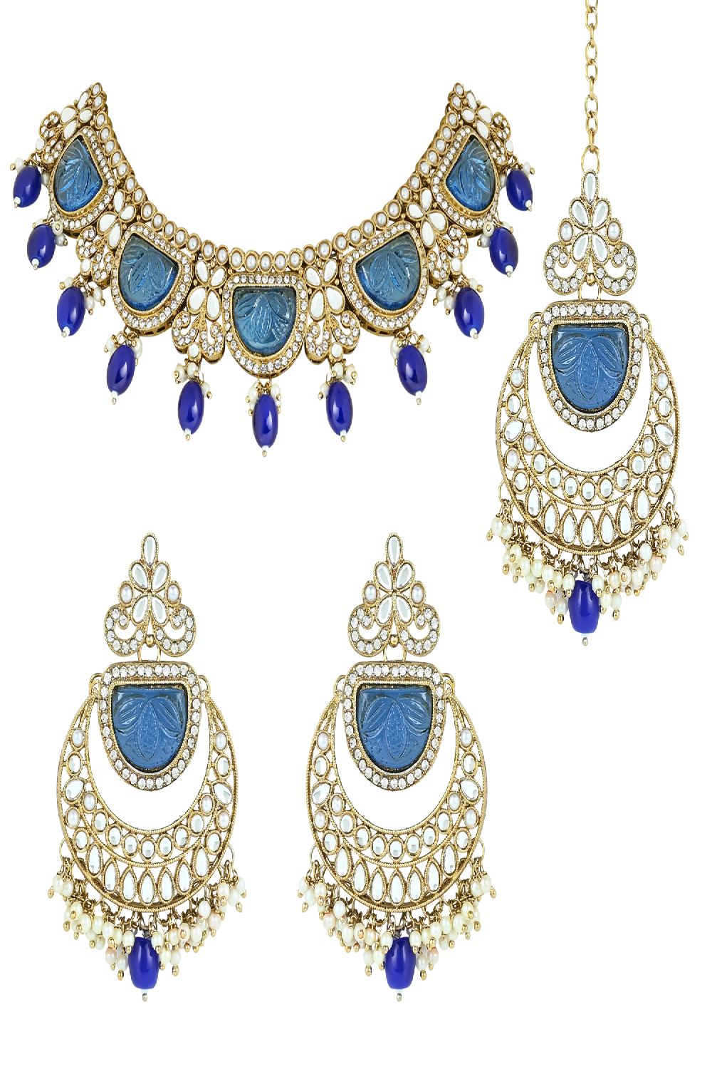 Gold Plated Traditional Pearl Kundan & Stone Studded Jewellery Necklace Set with Maang Tikka