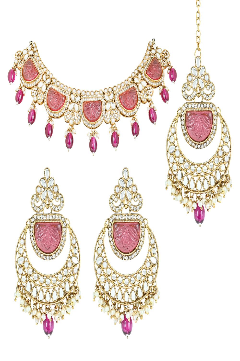 Gold Plated Traditional Pearl Kundan & Stone Studded Jeweler Necklace Set With Maang Tikka