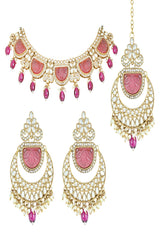 Gold Plated Traditional Pearl Kundan & Stone Studded Jeweler Necklace Set With Maang Tikka