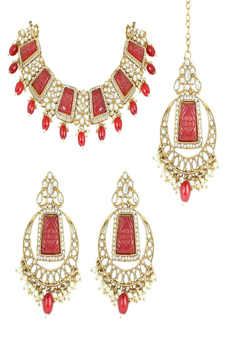 Gold Plated Traditional Pearl Kundan & Stone Studded Jewellery Necklace Set with Maang Tikka