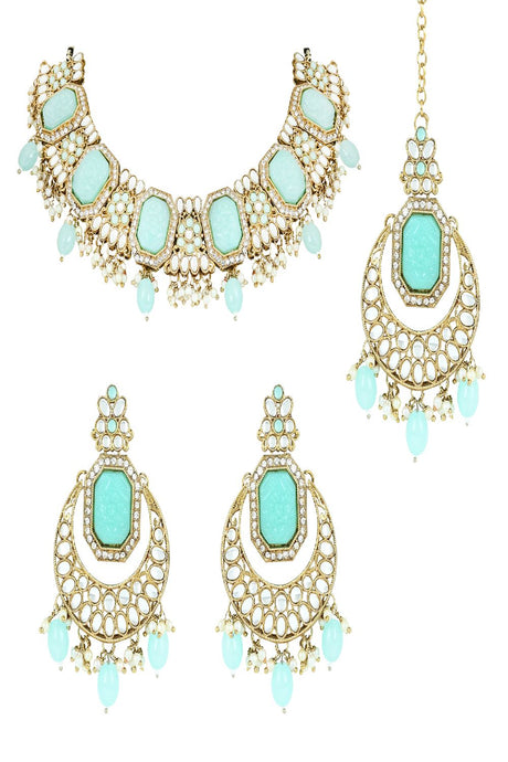 Gold Plated Traditional Pearl Kundan & Stone Studded Jeweler Necklace Set With Maang Tikka