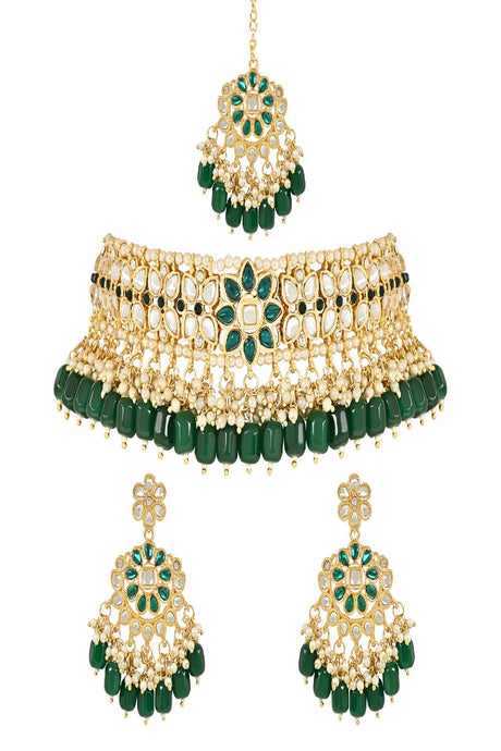 Gold Plated Traditional Kundan Studded Pearl Hanging Choker Necklace Jewellery Set With Earrings & Maang