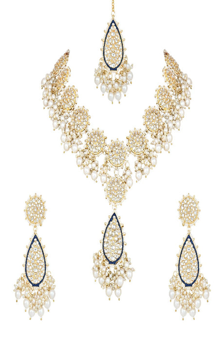 Gold Plated Traditional Pearl Kundan Meenakari Floral Necklace With Earring Maang Tikka & Finger Ring Set