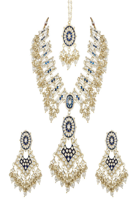 Gold Plated Traditional Pearl Kundan Studded Meenakari Necklace With Earring Maang Tikka Set