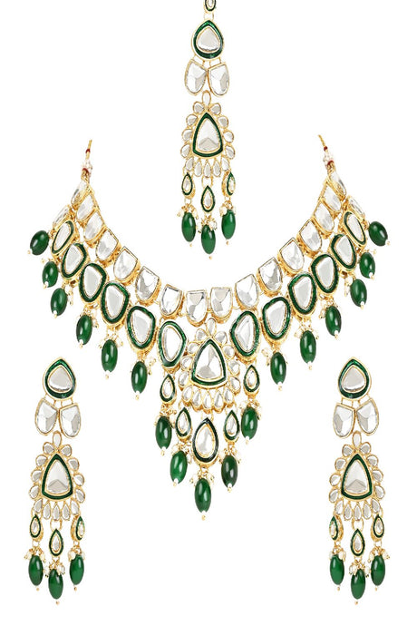 Gold Plated Traditional Pearl Kundan Necklace Jewellery Set With Earring Maang Tikka Set