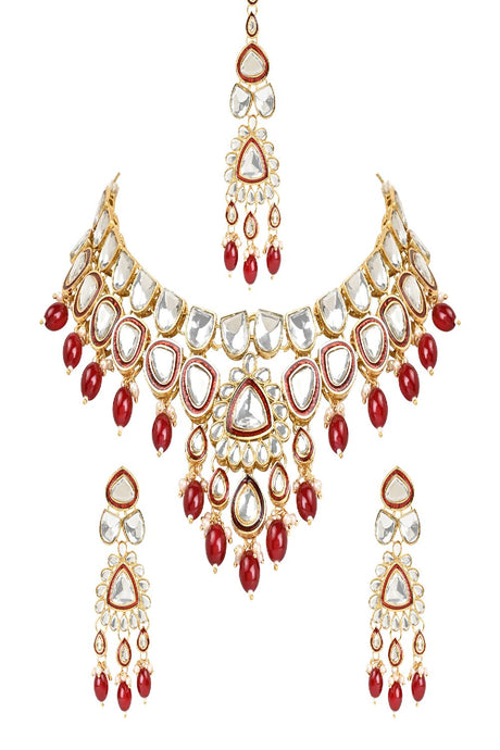 Gold Plated Traditional Pearl Kundan Necklace Jewellery Set With Earring Maang Tikka Set