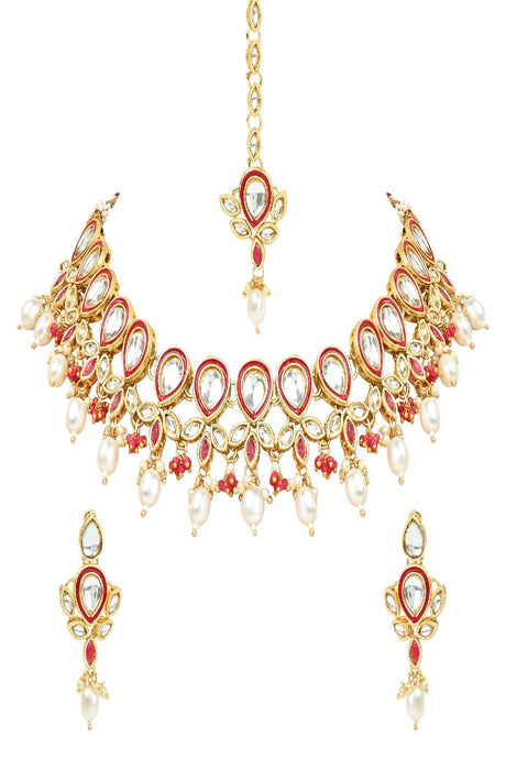 Gold Plated Traditional Pearl Kundan Studded Floral Necklace With Earring Maang Tikka Set