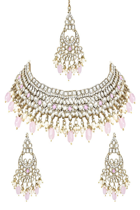 Gold Plated Traditional Kundan Pearl Hanging Choker Necklace Jeweler Set With Earrings & Maang Tikka