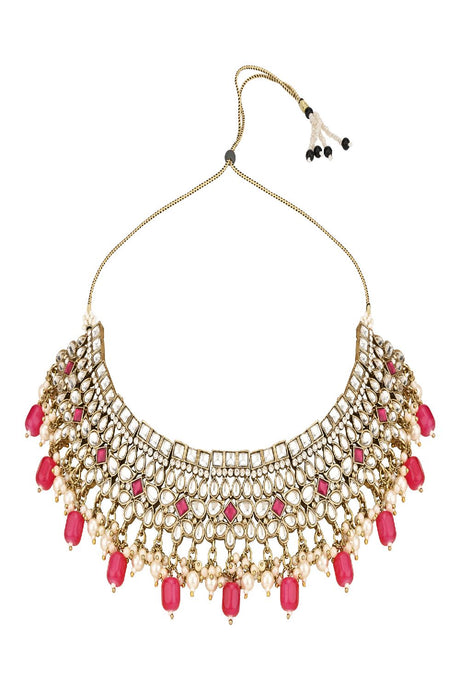 Gold Plated Traditional Kundan Pearl Hanging Choker Necklace Jewellery Set With Earrings & Maang Tikka