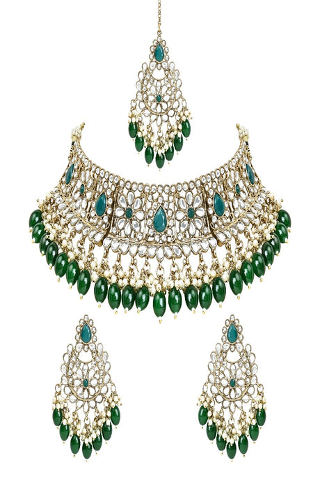 Gold Plated Traditional Pearl Kundan Studded Choker Jewellery Necklace Set with Maang Tikka