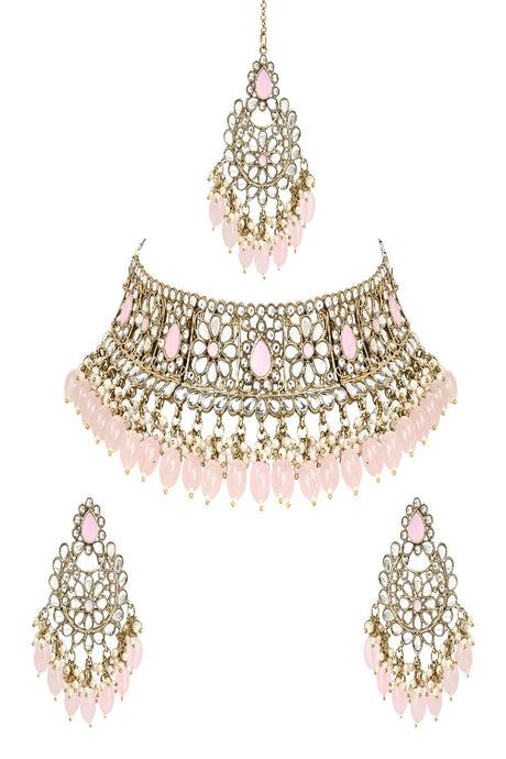 Gold Plated Traditional Pearl Kundan Studded Choker Jewellery Necklace Set with Maang Tikka