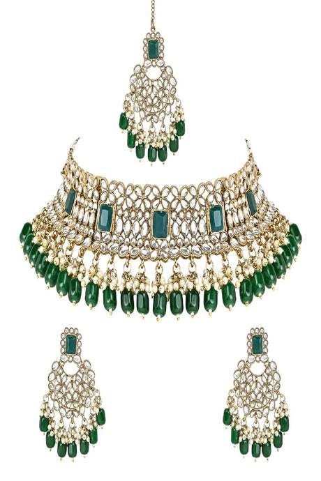 Gold Plated Traditional Pearl Kundan Choker Jeweler Necklace Set With Maang Tikka