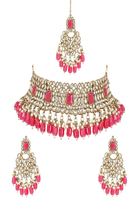 Gold Plated Traditional Pearl Kundan Choker Jewellery Necklace Set with Maang Tikka