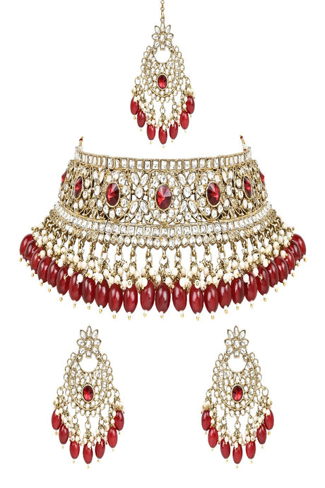 Gold Plated Traditional Kundan Pearl Hanging Choker Necklace Jewellery Set With Earrings & Maang Tikka