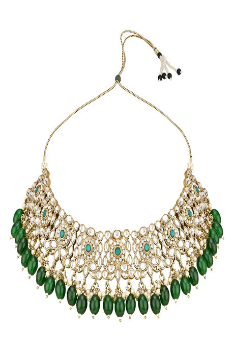 Gold Plated Traditional Kundan Pearl Drop Bridal Choker Necklace With Chandbali Earrings & Maang Tikka Je