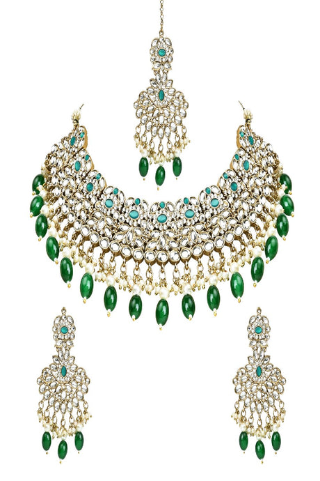 Gold Plated Traditional Kundan Pearl Drop Bridal Choker Necklace With Chandbali Earrings & Maang Tikka Je