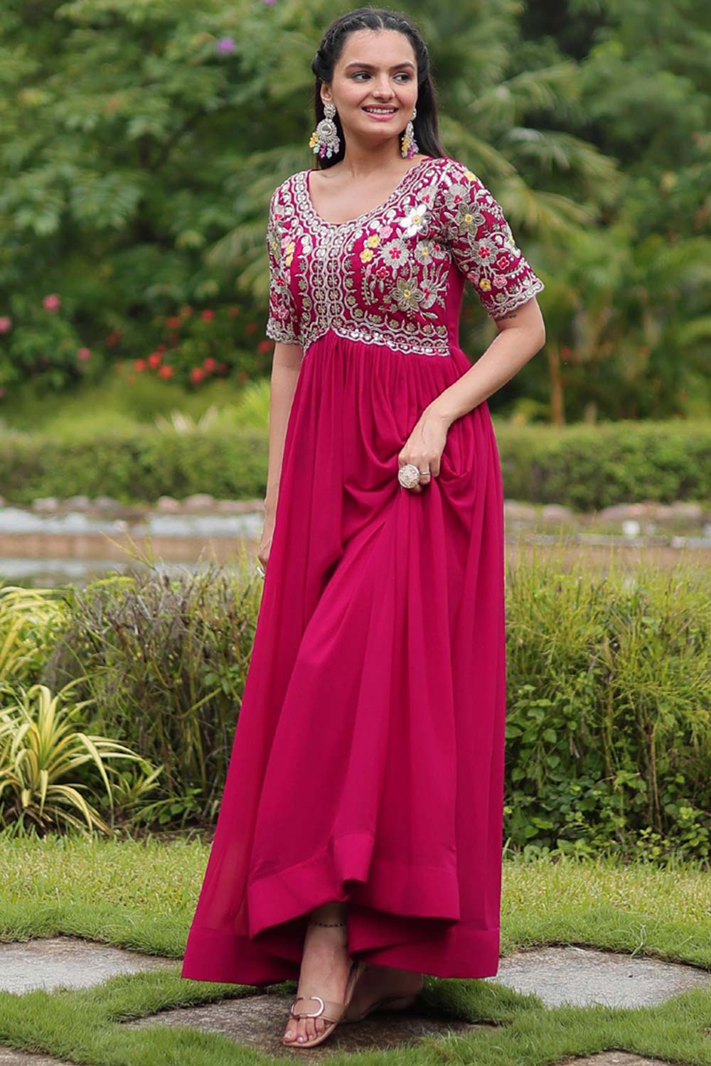 Pink Faux Blooming Embroidery Zari Gown