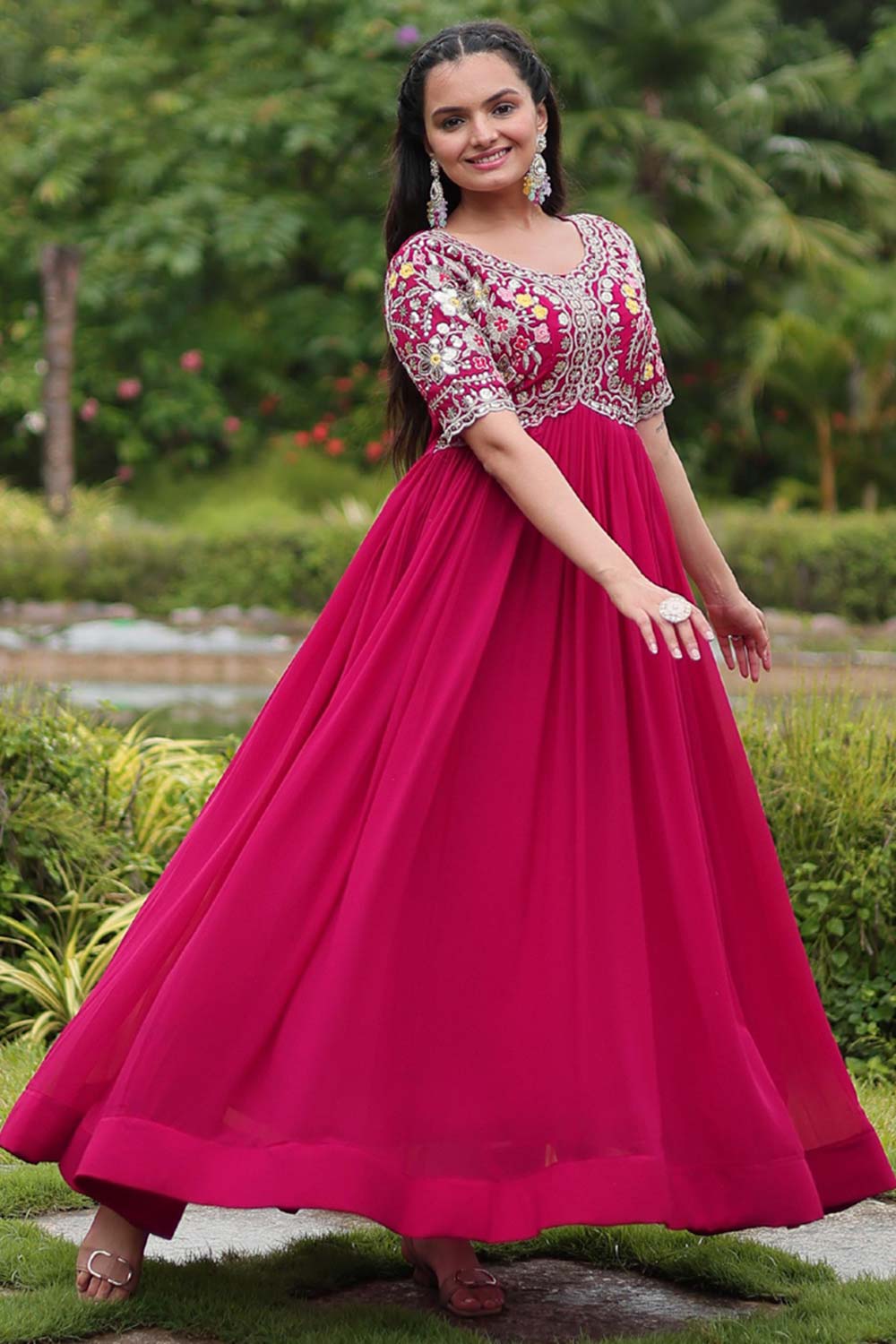 Pink Faux Blooming Embroidery Zari Gown