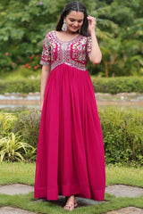 Pink Faux Blooming Embroidery Zari Gown