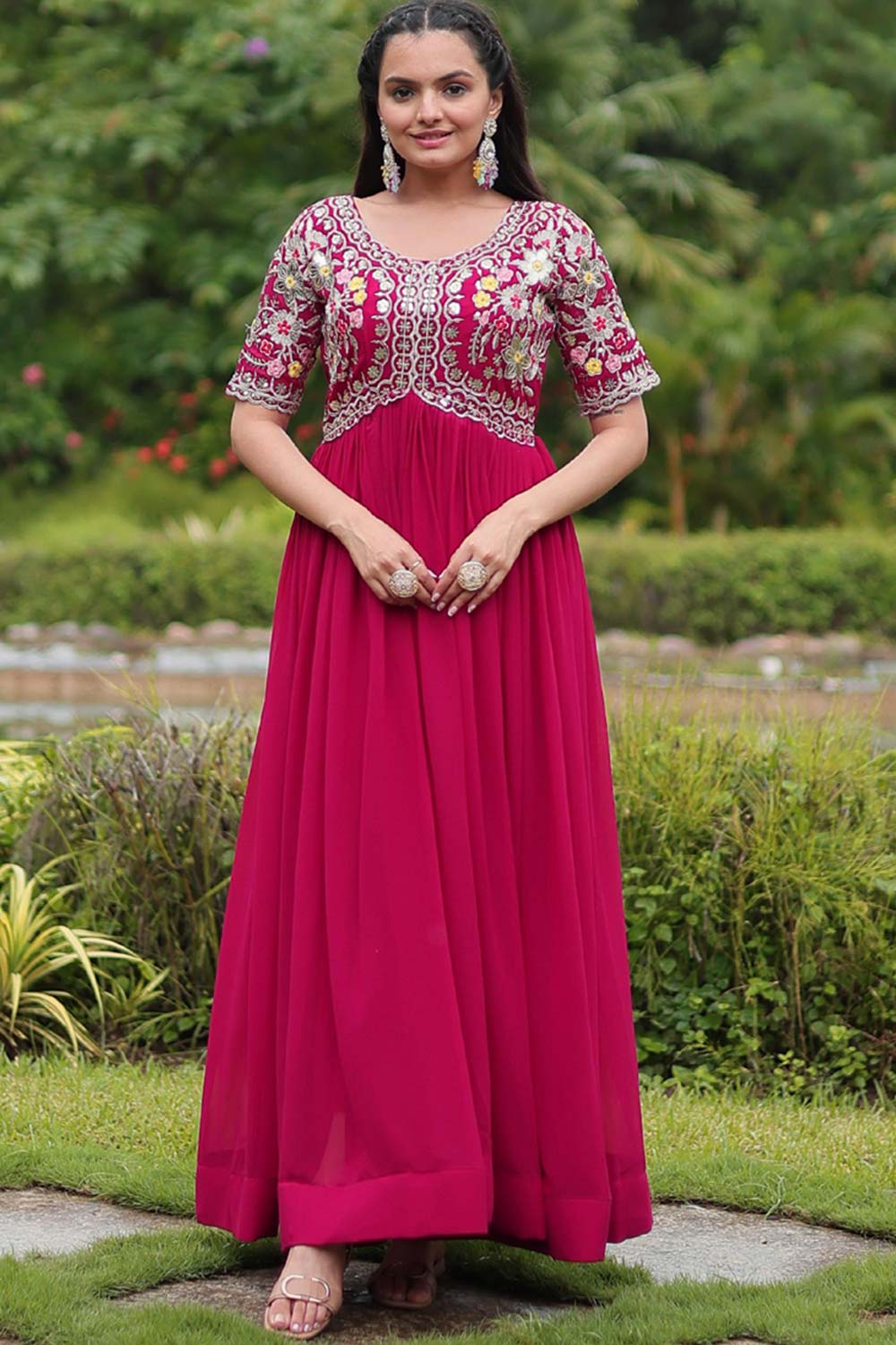 Pink Faux Blooming Embroidery Zari Gown