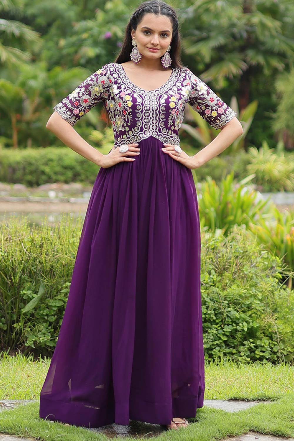 Purple Faux Blooming Embroidery Zari Gown