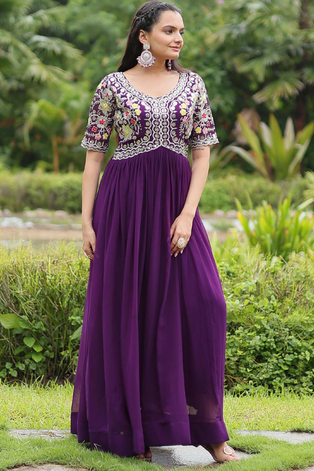 Purple Faux Blooming Embroidery Zari Gown