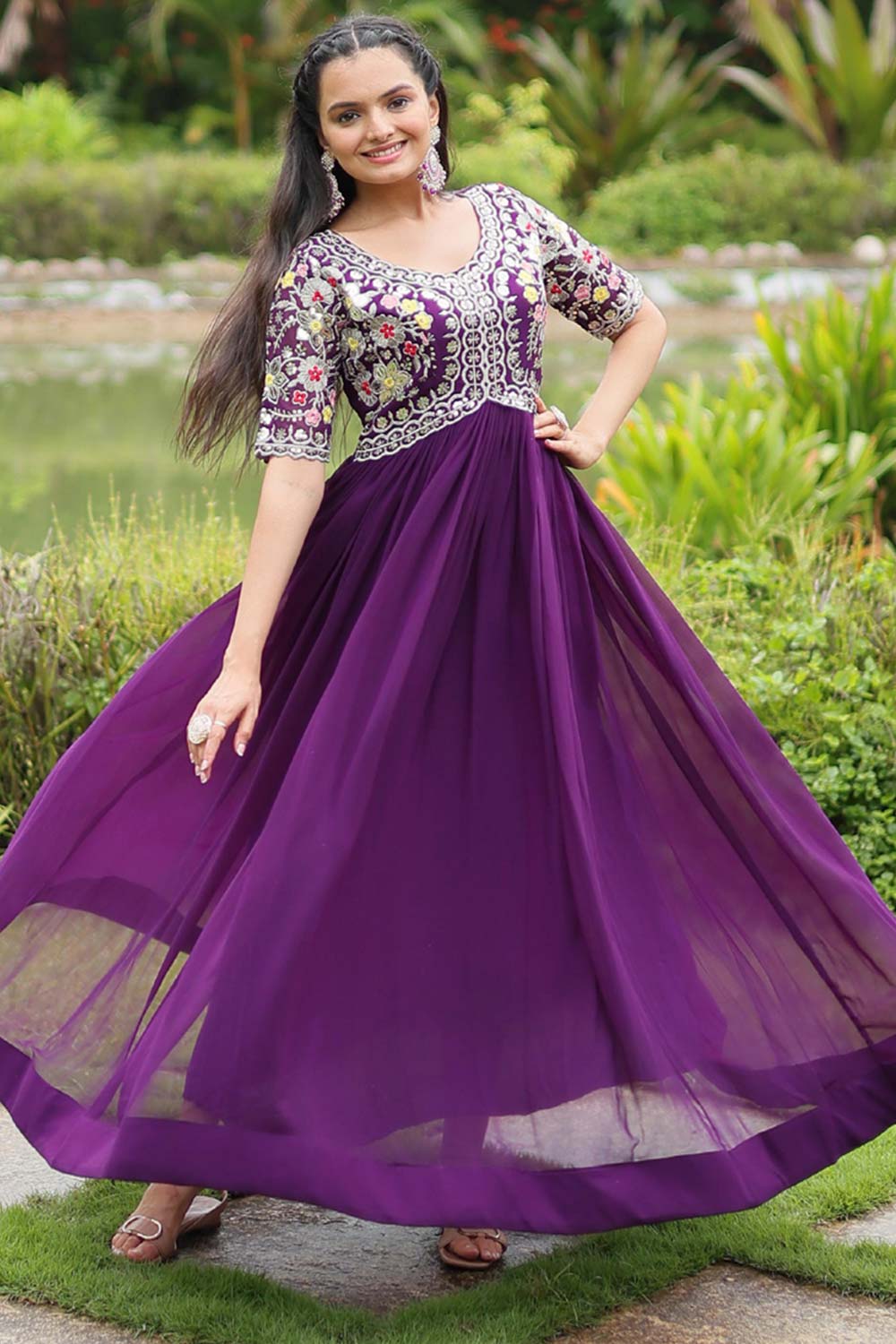 Purple Faux Blooming Embroidery Zari Gown