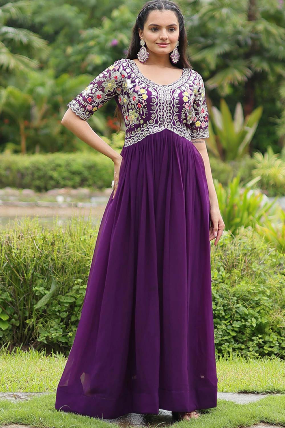 Purple Faux Blooming Embroidery Zari Gown