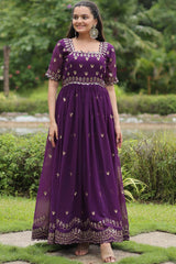 Purple Faux Blooming Embroidery Zari Gown