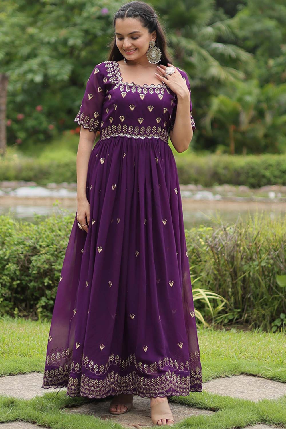 Purple Faux Blooming Embroidery Zari Gown