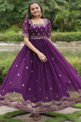 Purple Faux Blooming Embroidery Zari Gown