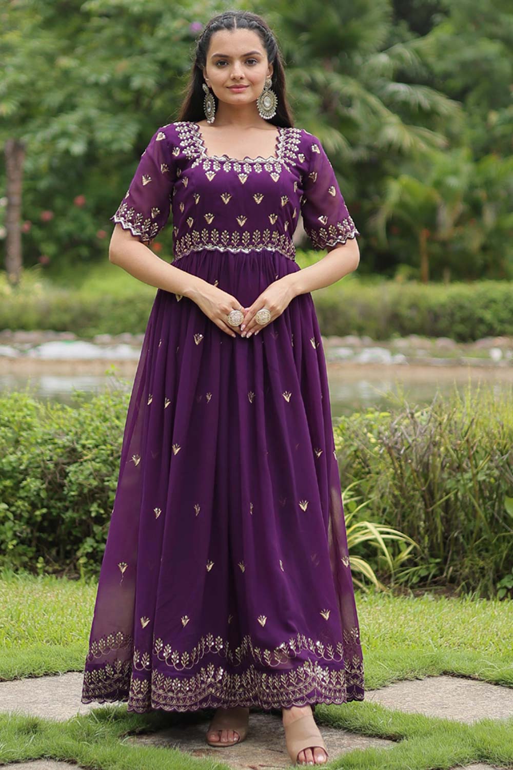 Purple Faux Blooming Embroidery Zari Gown