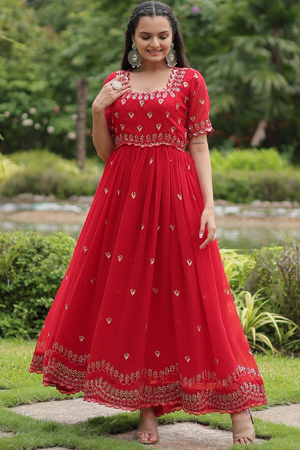 Red Faux Blooming Embroidery Zari Gown