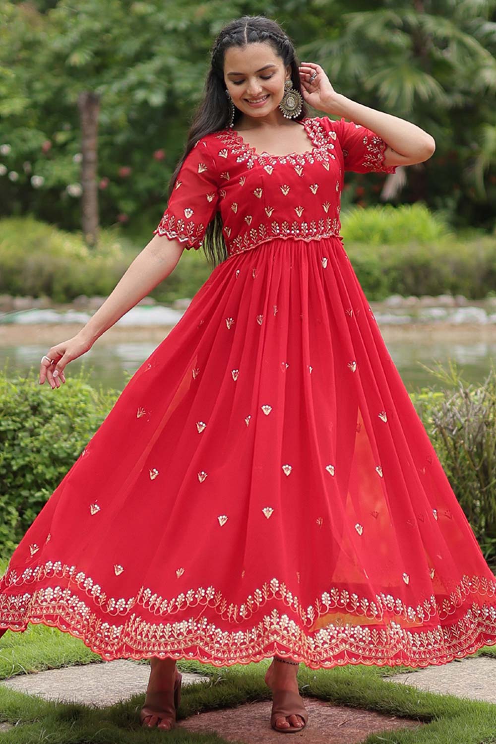 Red Faux Blooming Embroidery Zari Gown