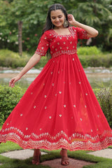 Red Faux Blooming Embroidery Zari Gown