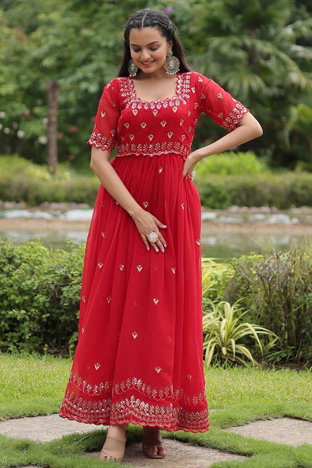 Red Faux Blooming Embroidery Zari Gown