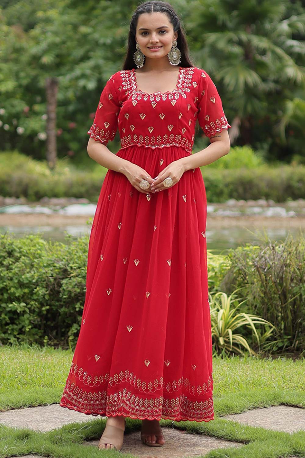 Red Faux Blooming Embroidery Zari Gown