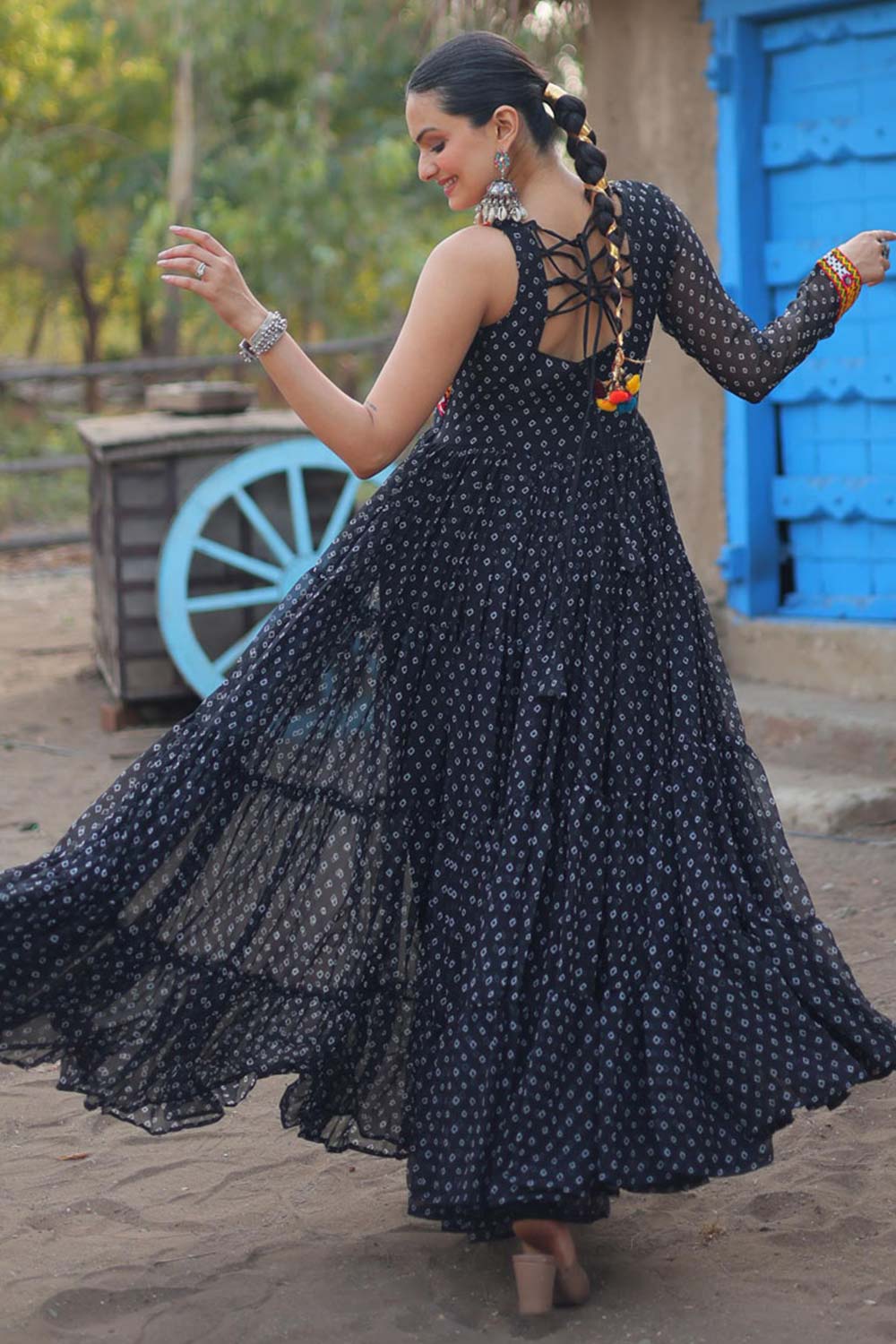 Black Georgette Bandhani Print Kutchi Patchework Navaratri Gown