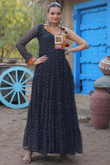 Black Georgette Bandhani Print Kutchi Patchework Navaratri Gown