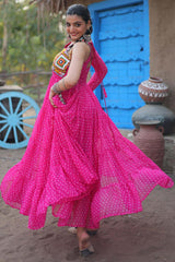 Pink Georgette Bandhani Print Kutchi Patchework Navaratri Gown