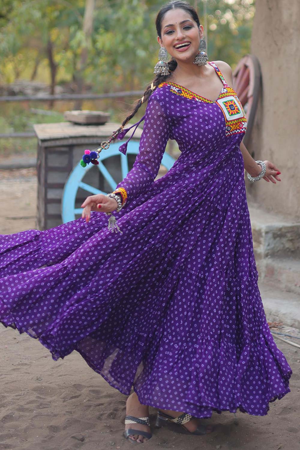 Purple Georgette Bandhani Print Kutchi Patchework Navaratri Gown