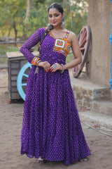 Purple Georgette Bandhani Print Kutchi Patchework Navaratri Gown