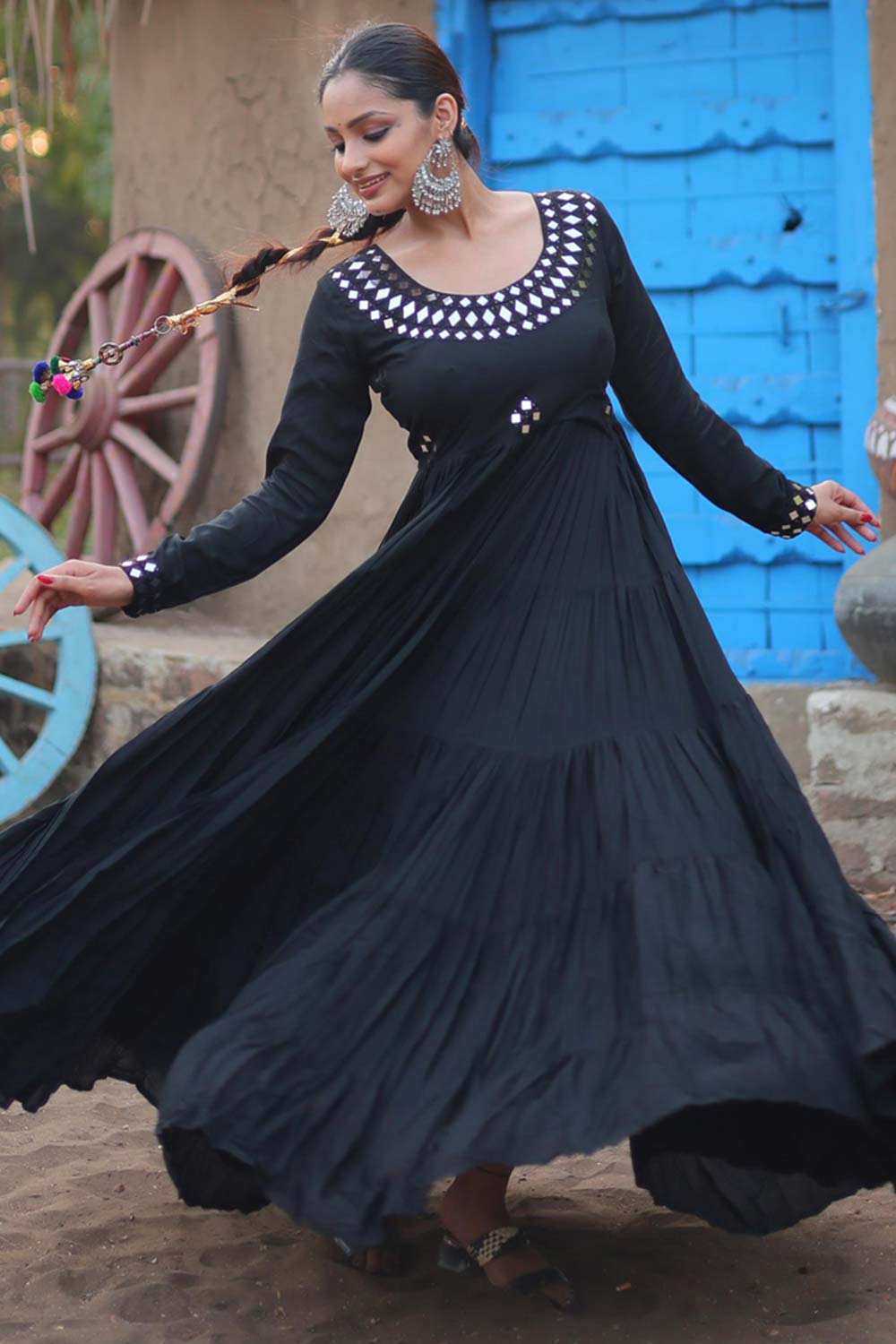 Black Rayon Real Mirror Work Navaratri Gown