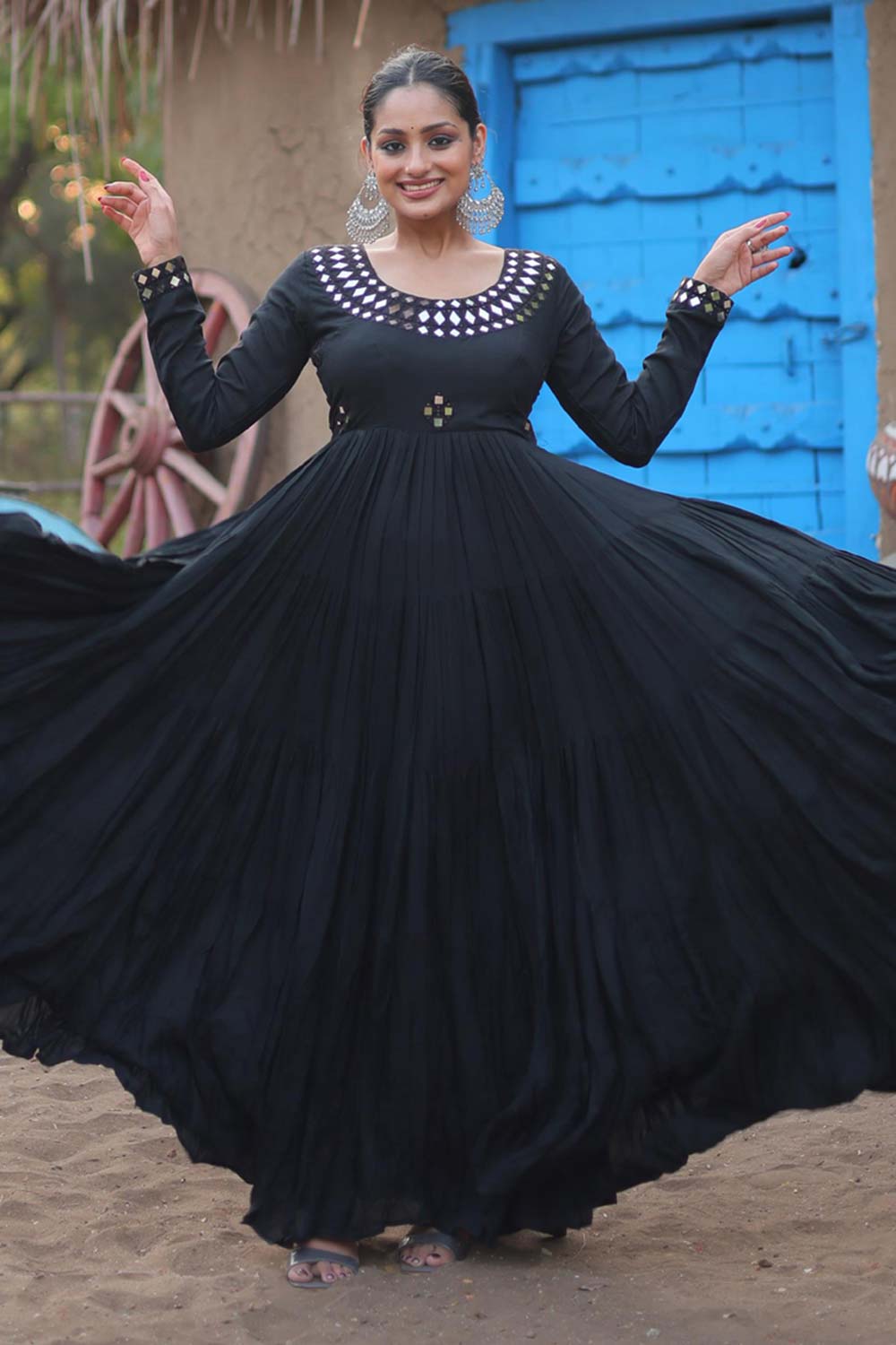 Black Rayon Real Mirror Work Navaratri Gown