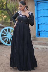 Black Rayon Real Mirror Work Navaratri Gown