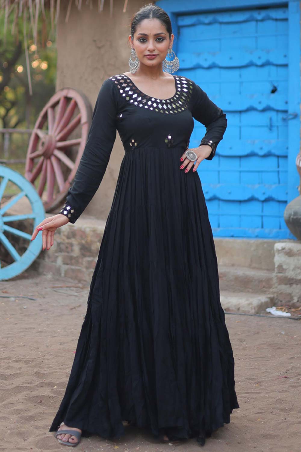 Black Rayon Real Mirror Work Navaratri Gown