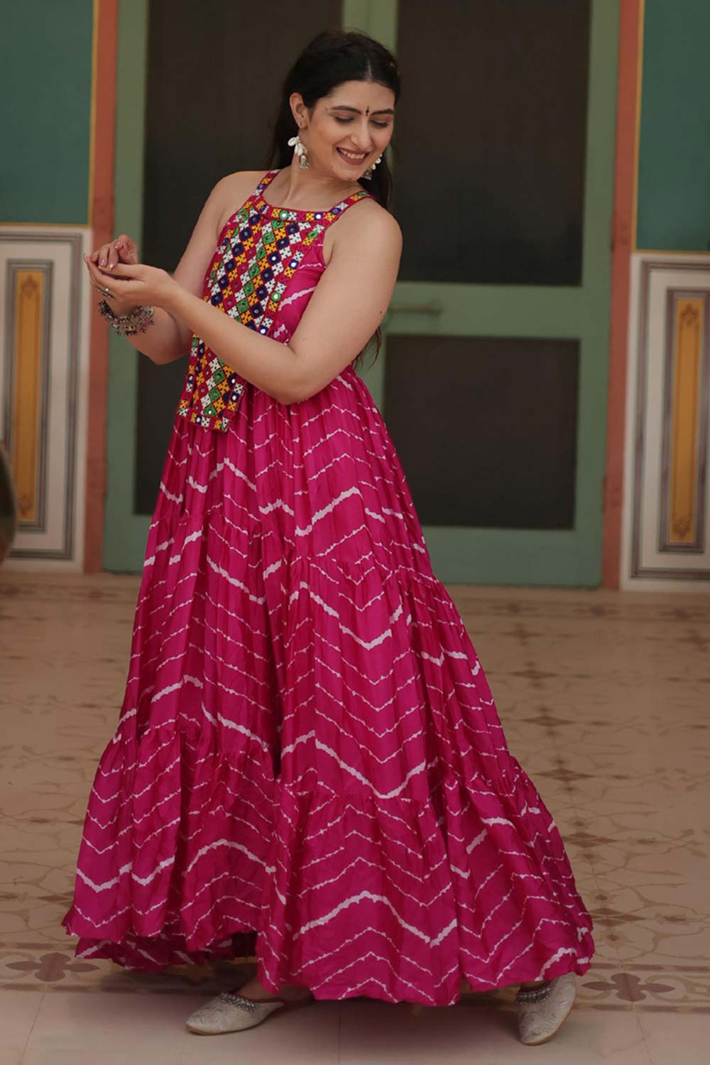 Pink Chinon Leheriya Print Navaratri Gown