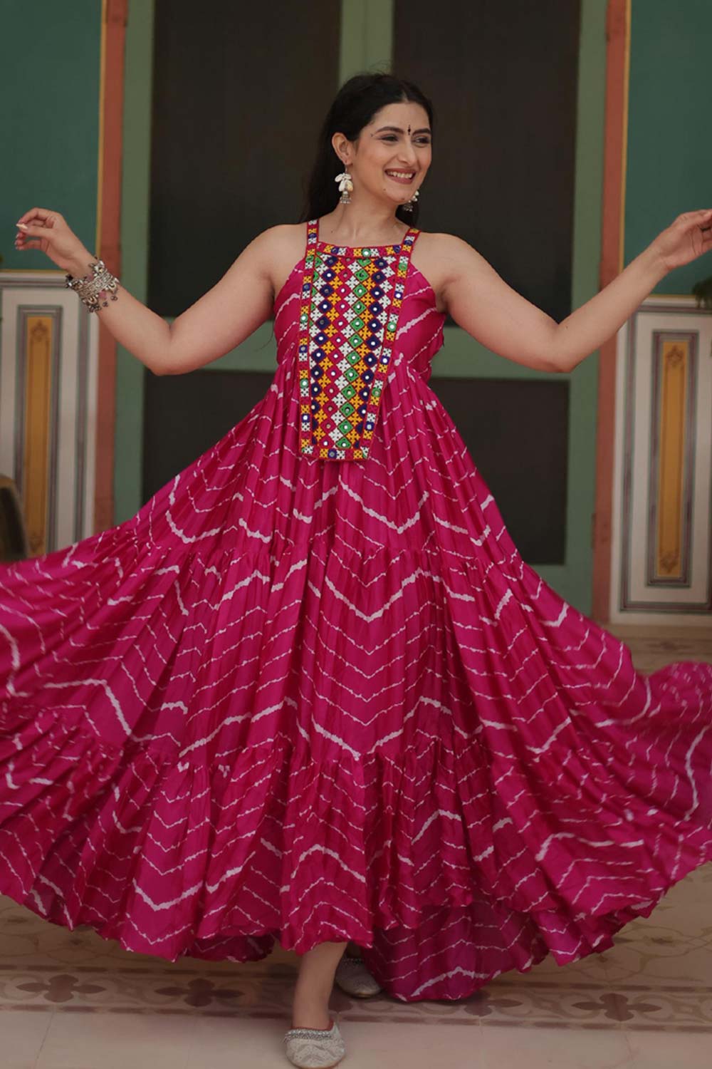 Pink Chinon Leheriya Print Navaratri Gown