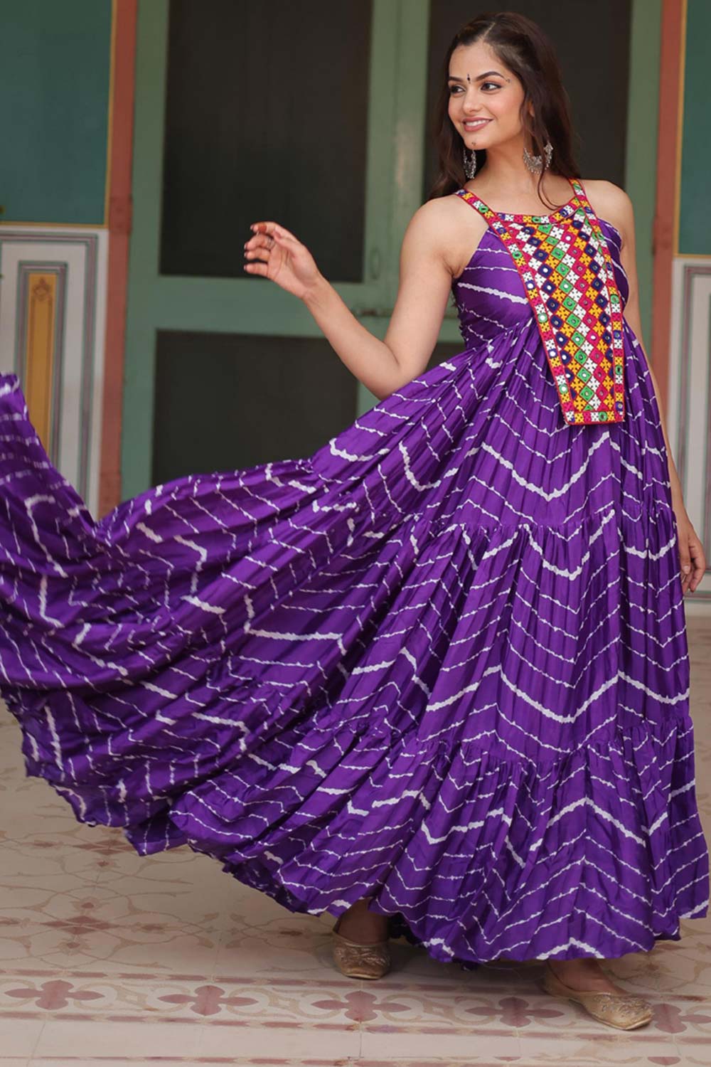 Purple Chinon Leheriya Print Navaratri Gown