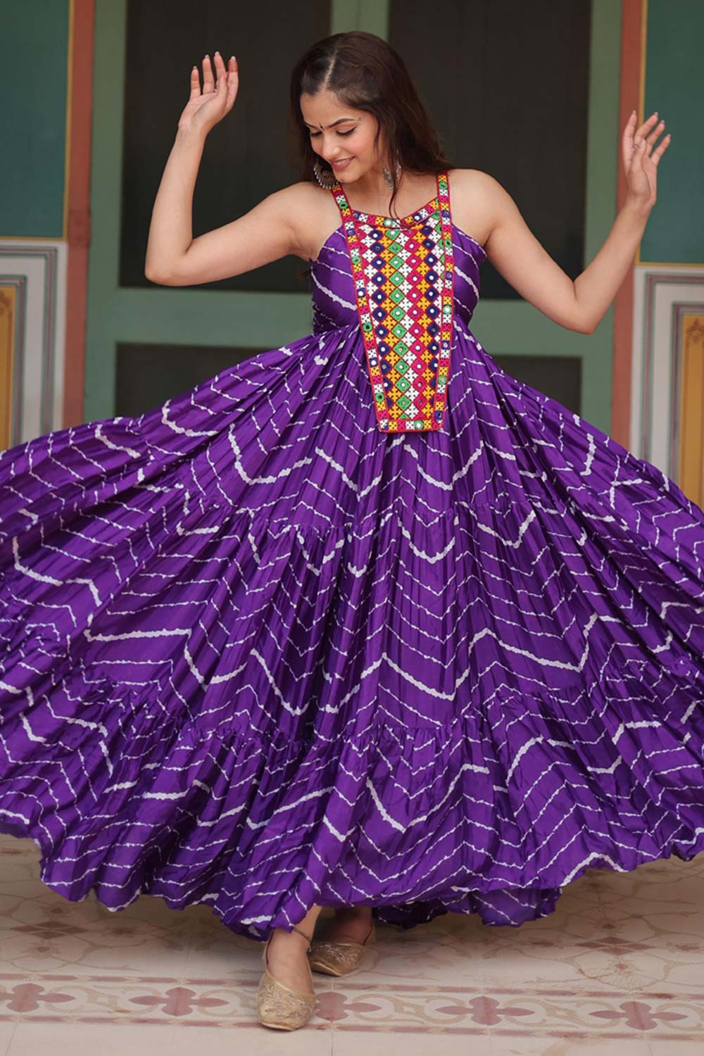 Purple Chinon Leheriya Print Navaratri Gown